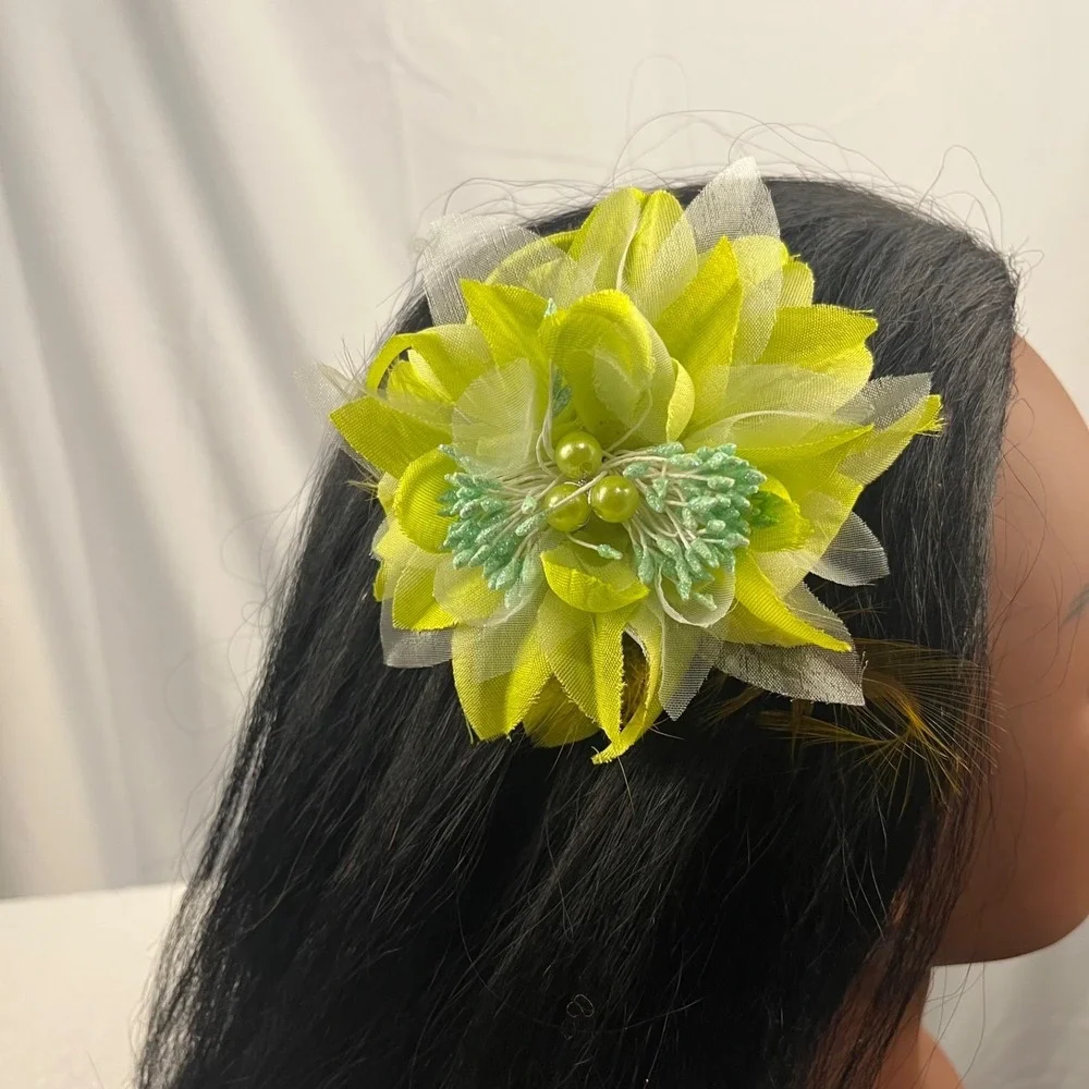 Green Flower Hair Clip and Hair Tie 2-in-1 Women's Floral Accessory